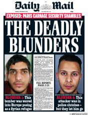 Daily Mail (UK) Newspaper Front Page for 16 November 2015