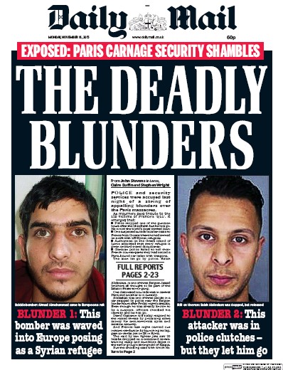 Daily Mail Newspaper Front Page (UK) for 16 November 2015
