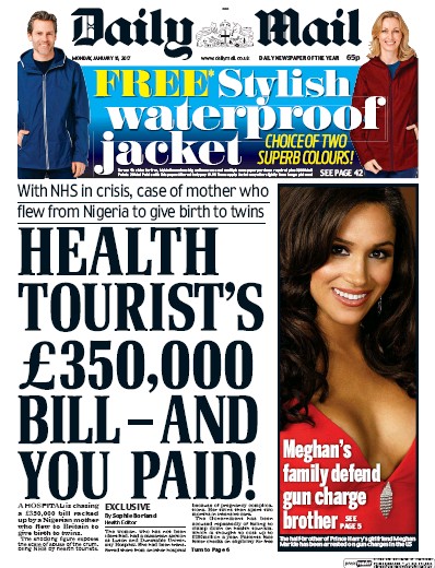 Daily Mail Newspaper Front Page (UK) for 16 January 2017