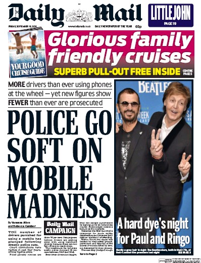 Daily Mail Newspaper Front Page (UK) for 16 September 2016