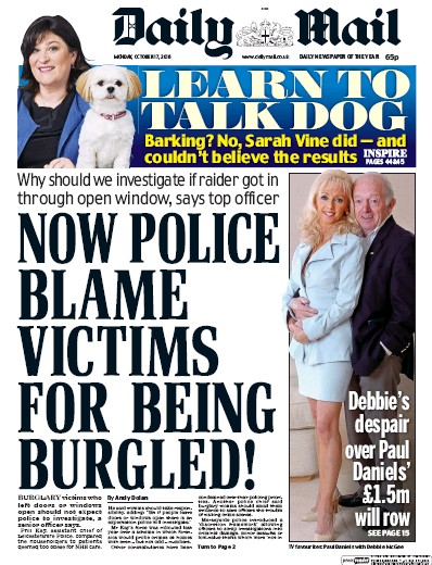 Daily Mail Newspaper Front Page (UK) for 17 October 2016