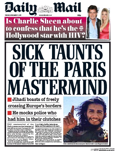 Daily Mail Newspaper Front Page (UK) for 17 November 2015