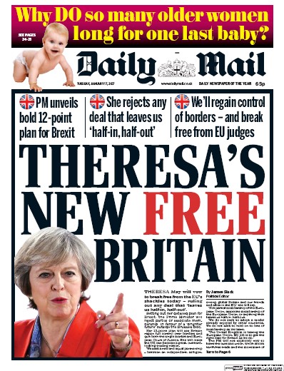 Daily Mail Newspaper Front Page (UK) for 17 January 2017