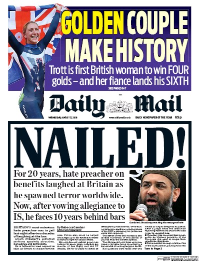 Daily Mail Newspaper Front Page (UK) for 17 August 2016