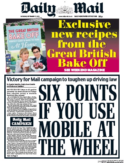 Daily Mail Newspaper Front Page (UK) for 17 September 2016