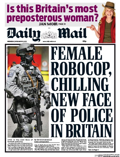 Daily Mail Newspaper Front Page (UK) for 18 November 2015