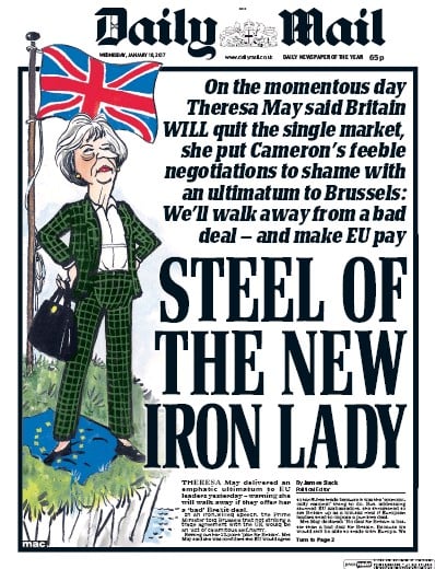 Daily Mail Newspaper Front Page (UK) for 18 January 2017