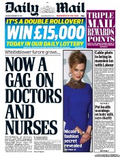 Daily Mail (UK) Newspaper Front Page for 18 February 2013