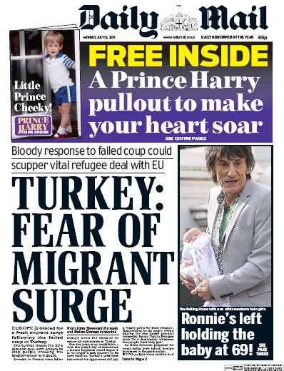 Daily Mail Newspaper Front Page (UK) for 18 July 2016