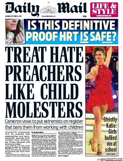 Daily Mail Newspaper Front Page (UK) for 19 October 2015