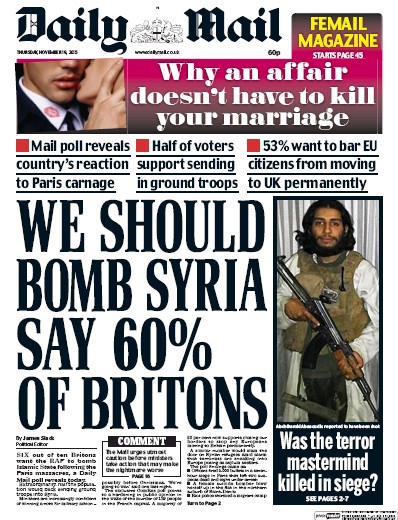 Daily Mail Newspaper Front Page (UK) for 19 November 2015
