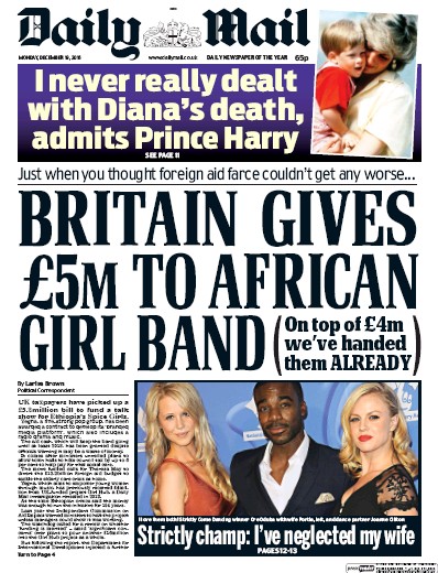 Daily Mail Newspaper Front Page (UK) for 19 December 2016
