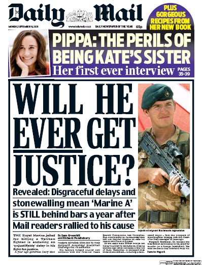Daily Mail Newspaper Front Page (UK) for 19 September 2016