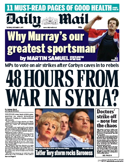 Daily Mail Newspaper Front Page (UK) for 1 December 2015