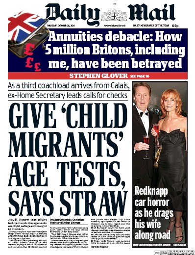 Daily Mail Newspaper Front Page (UK) for 20 October 2016