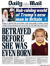 Daily Mail (UK) Newspaper Front Page for 20 January 2017
