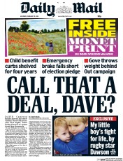 Daily Mail (UK) Newspaper Front Page for 20 February 2016