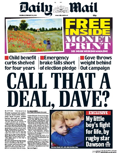 Daily Mail Newspaper Front Page (UK) for 20 February 2016