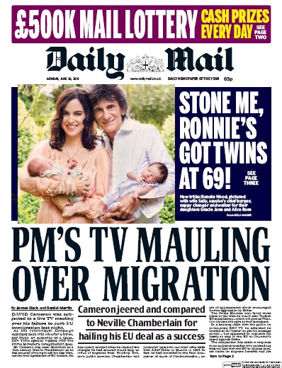 Daily Mail Newspaper Front Page (UK) for 20 June 2016