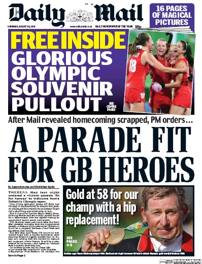 Daily Mail Newspaper Front Page (UK) for 20 August 2016