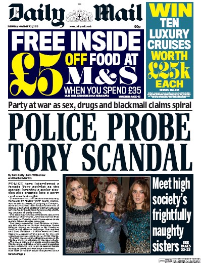 Daily Mail Newspaper Front Page (UK) for 21 November 2015