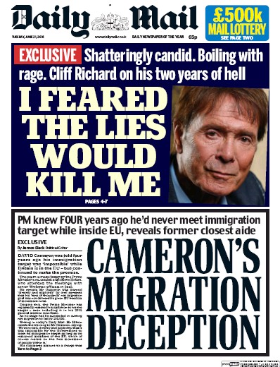 Daily Mail Newspaper Front Page (UK) for 21 June 2016