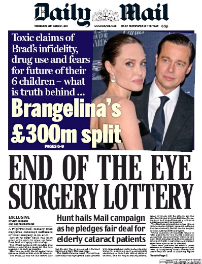 Daily Mail Newspaper Front Page (UK) for 21 September 2016