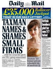Daily Mail (UK) Newspaper Front Page for 22 February 2013