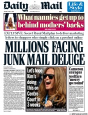 Daily Mail (UK) Newspaper Front Page for 22 June 2015
