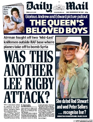 Daily Mail Newspaper Front Page (UK) for 22 July 2016