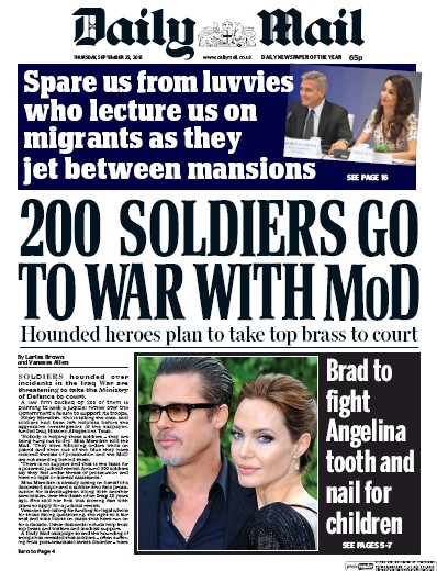 Daily Mail Newspaper Front Page (UK) for 22 September 2016
