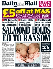 Daily Mail (UK) Newspaper Front Page for 23 March 2015