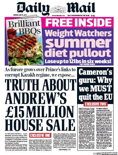 Daily Mail Newspaper Front Page (UK) for 23 May 2016