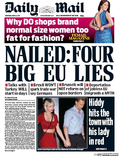 Daily Mail Newspaper Front Page (UK) for 23 June 2016