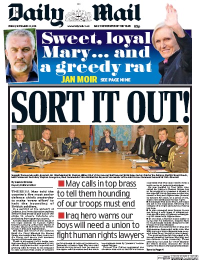 Daily Mail Newspaper Front Page (UK) for 23 September 2016