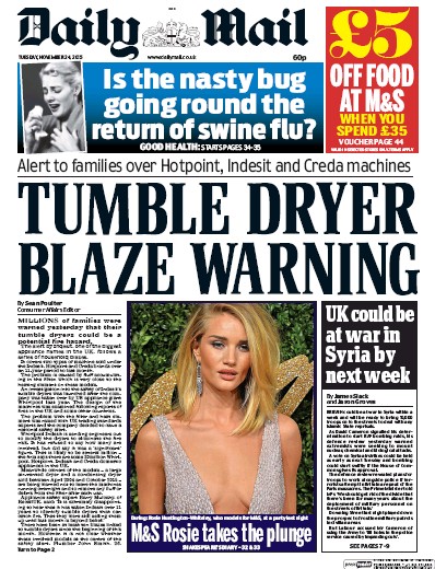 Daily Mail Newspaper Front Page (UK) for 24 November 2015