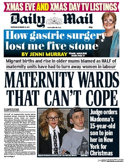 Daily Mail Newspaper Front Page (UK) for 24 December 2015