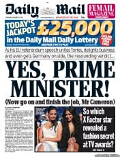 Daily Mail Newspaper Front Page (UK) for 24 January 2013