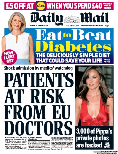 Daily Mail Newspaper Front Page (UK) for 24 September 2016