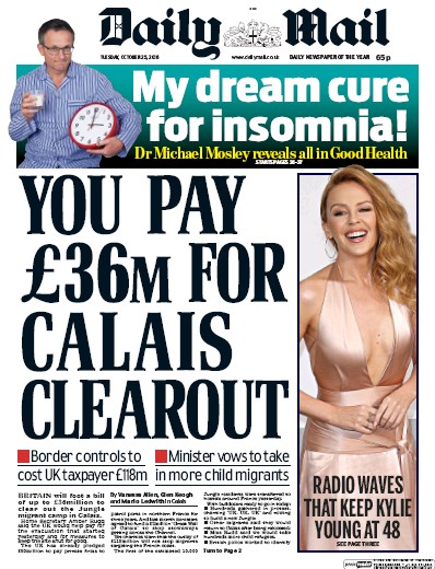 Daily Mail Newspaper Front Page (UK) for 25 October 2016
