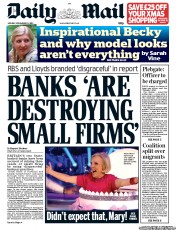 Daily Mail Newspaper Front Page (UK) for 25 November 2013