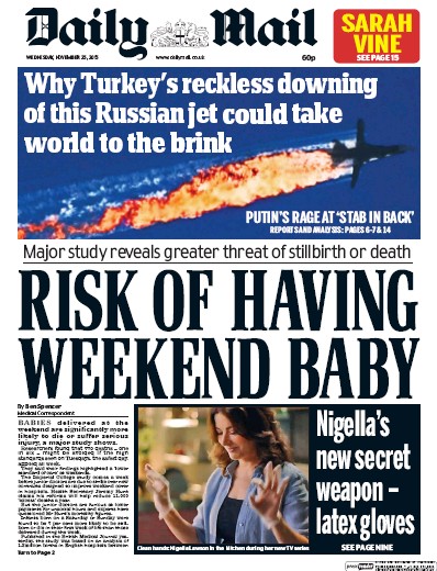 Daily Mail Newspaper Front Page (UK) for 25 November 2015