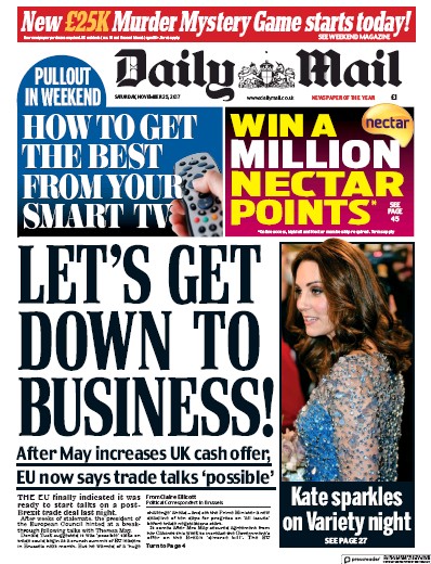 Daily Mail Newspaper Front Page (UK) for 25 November 2017