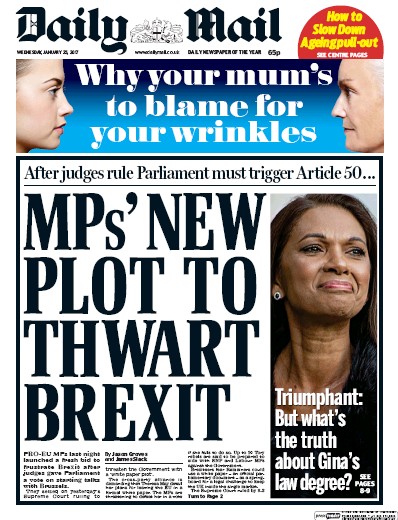 Daily Mail Newspaper Front Page (UK) for 25 January 2017