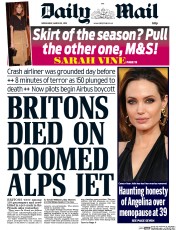 Daily Mail Newspaper Front Page (UK) for 25 March 2015