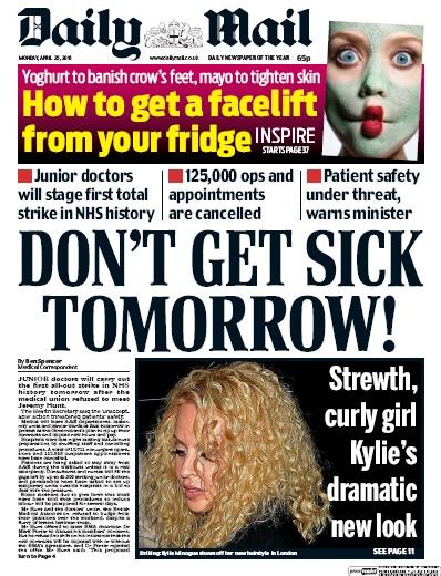 Daily Mail Newspaper Front Page (UK) for 25 April 2016