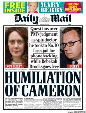 Daily Mail Newspaper Front Page (UK) for 25 June 2014