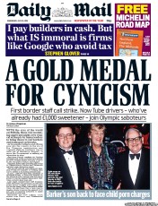 Daily Mail Newspaper Front Page (UK) for 25 July 2012