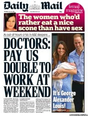 Daily Mail Newspaper Front Page (UK) for 25 July 2013