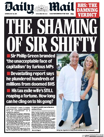 Daily Mail Newspaper Front Page (UK) for 25 July 2016